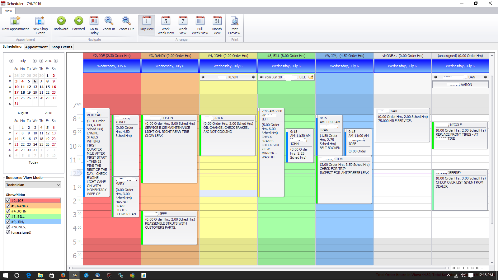 Screen shot of actual work in process shown in the scheduler