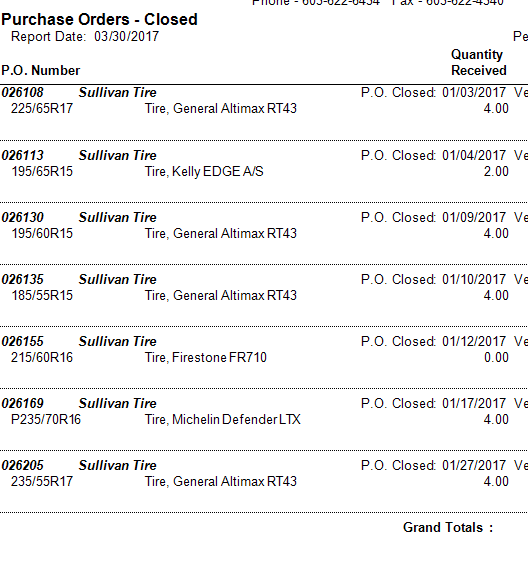 closed purchase order, date ranged and selected vendor