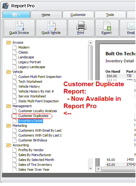 Report Pro, Customer Duplicate Report