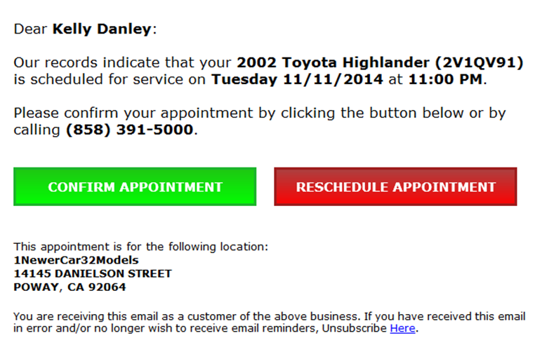 Appointment Reminder to Consumer