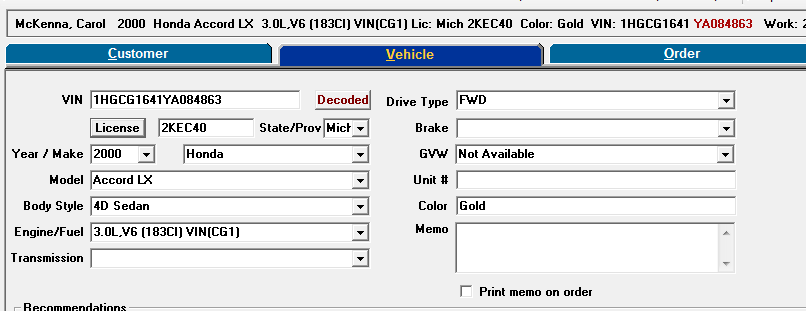 Vehicle info.