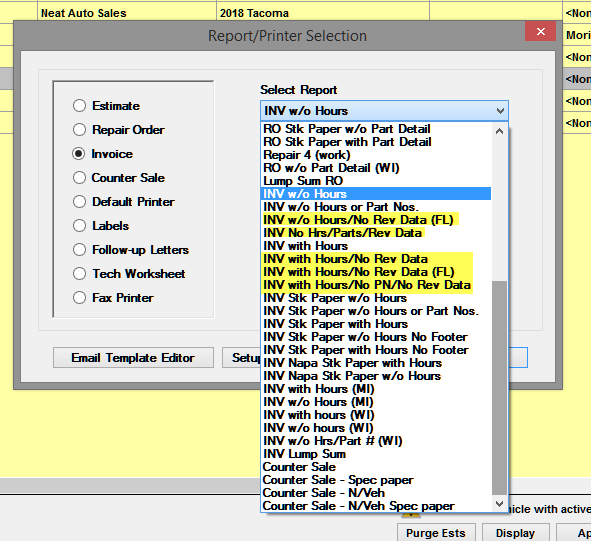 Choices for Invoices that do not include revision data.