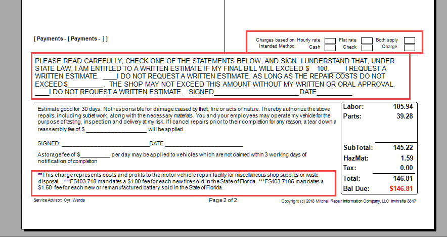 Additions that appear on the Florida invoice