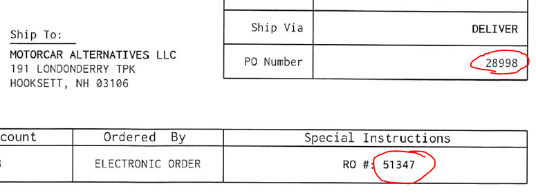 PO and RO number transferred to Vendor invoice example